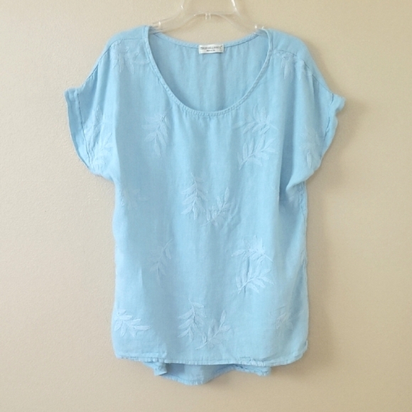 Terzo Millennio Womens Blue 100% Linen Leaf Embroidered Top - Size Large - Picture 1 of 7